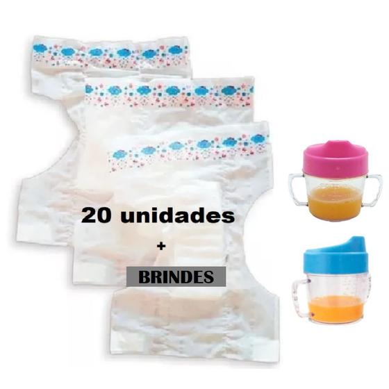 Imagem de Kit Contendo 20 Fralda Para Boneca De Até 40cm + 2 Mamadeira Magica Rosa e Azul