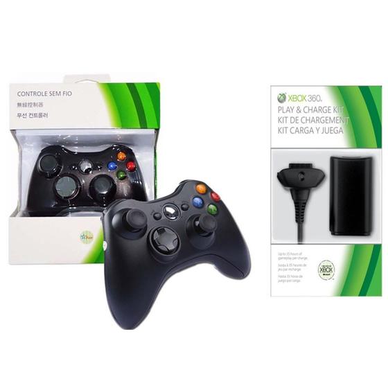 Imagem de Kit Controle Manete Joystick Xbox 360 Sem Fio Wireless + Bateria Recarregável com Cabo Carregador Usb