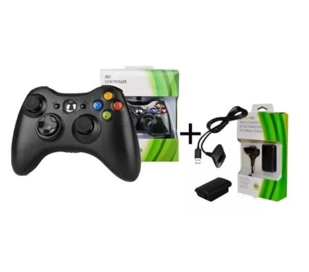 Imagem de Kit Controle Sem fio Joystick Manete Xbox 360 + Bateria Recarregavel Carregador Incluso
