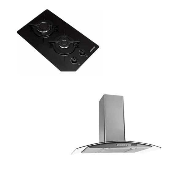 Imagem de Kit Cooktop 2 Bocas automático + Coifa em Inox Parede Vidro curvo 70cm