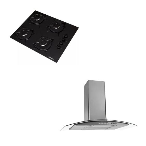 Imagem de Kit Cooktop 4 Bocas Preto 3000w + Coifa em Inox Vidro Curvo 70cm lâmpadas de Led