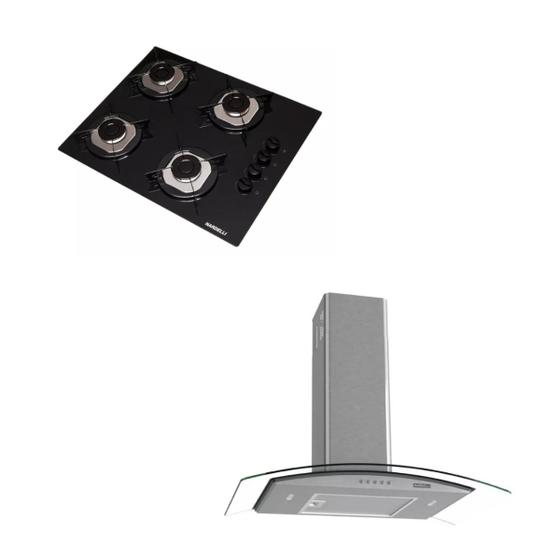 Imagem de Kit Cooktop 4 bocas preto A gás + Coifa Vidro Curvo Inox 80cm 3 velocidades