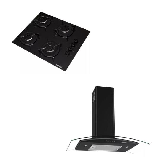 Imagem de Kit Cooktop 4 Bocas preto + Coifa vidro Curva 70cm Nardelli  Soft Mechanic