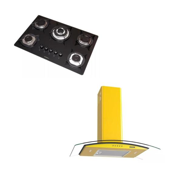 Imagem de Kit Cooktop 5 Bocas automático + Coifa  80cm Amarelo Nardelli alumínio