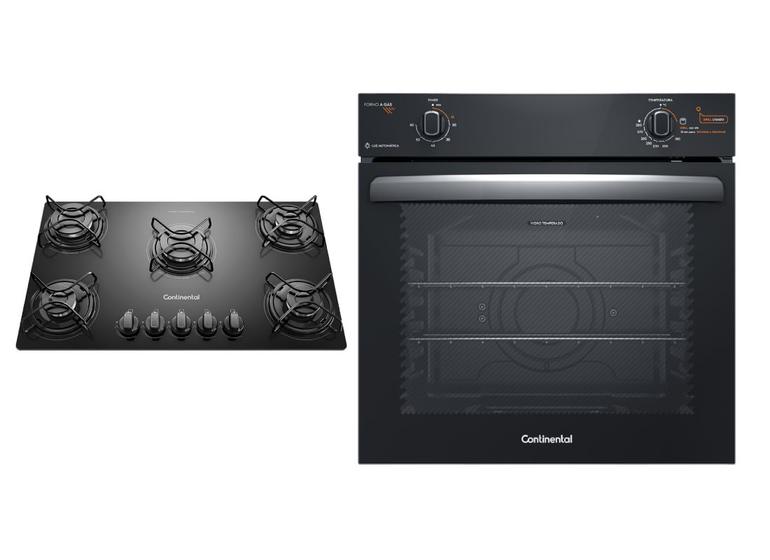 Imagem de Kit Cooktop 5 Bocas Continental a Gás de Vidro Temperado Preto + Forno de Embutir a Gás Continental 80L com TOPLimpaFácil (KC5GP+OC8GM)