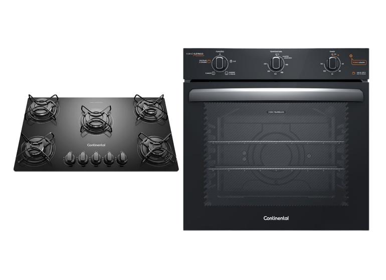 Imagem de Kit Cooktop 5 Bocas Continental a Gás de Vidro Temperado Preto + Forno de Embutir Elétrico Continental 80L com TOPLimpaFácil (KC5GP+OC8EM)