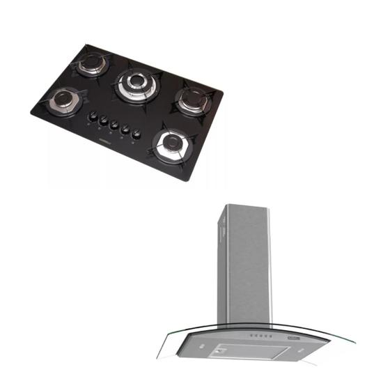 Imagem de Kit Cooktop 5 Bocas Tripla chama + Coifa Inox Vidro Curvo 70Cm Nardelli 