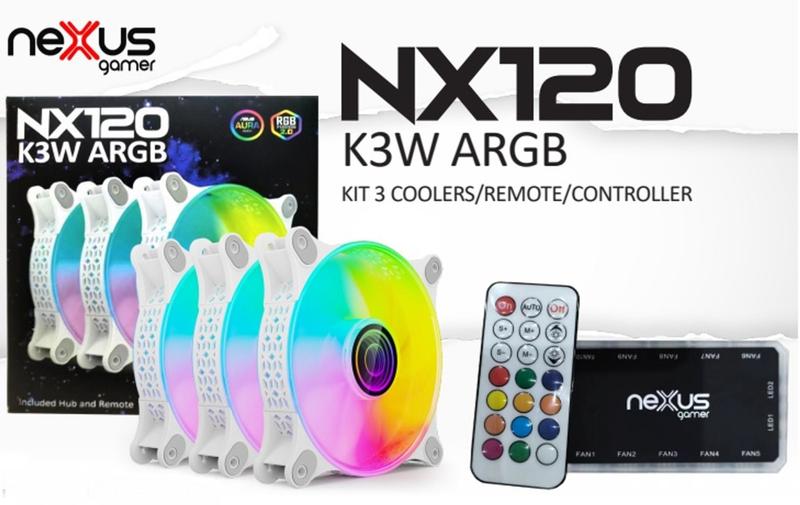 Imagem de Kit Coolers Nexusgamer NX120 K3W Branco ARGB kit com 3 Hub controlador ate 10 coolers e controle 