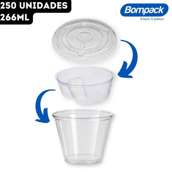 Imagem de Kit Copo 260ml Pet Cristal Transparente 9 OZ/98  Tampa Reta SEM Furo  Separador Berço Bompack  250 Unidades