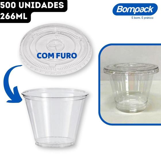 Imagem de Kit Copo 266ml Pet Cristal Transparente 9 OZ/98 + Tampa Reta Plana COM Furo Bompack - 500 Unidades