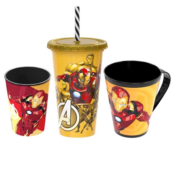 Imagem de Kit Copo 320mL Copo Shake com Canudo e Caneca Homem de Ferro