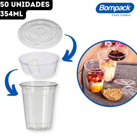 Imagem de Kit Copo 354ml Pet Cristal Transparente 12 OZ/98 + Tampa Reta Plana SEM Furo + Separador Berço Bompack - 50 Unidades