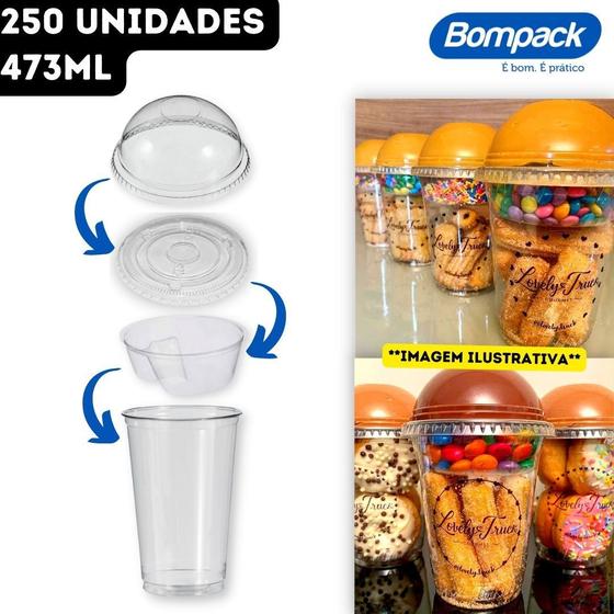 Imagem de Kit Copo 473ml Pet Cristal 16 OZ/98 + Tampa Bolha Sem Furo + Tampa Reta Sem Furo + Separador Bompack - 250 Unidades