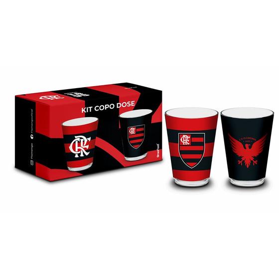 Imagem de kit Copo Dose Vidro BrasFoot Flamengo 2 Unidades Iron 360 Licenciado 55ml Branco