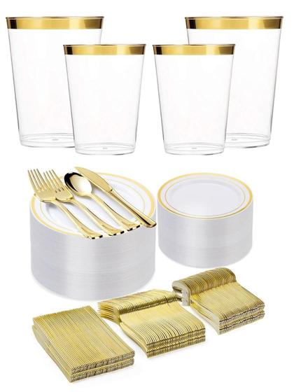 Imagem de Kit Copo Prato Talher Descartável Luxo 150 Convidados - Gold 