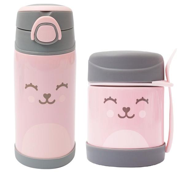 Imagem de Kit Copo Térmico 400ML e Pote Térmico 320ML Com Talher Gumy Rosa - Parede Dupla em Aço Inoxidável - Buba