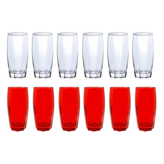 Imagem de Kit Copo Vidro Florence 370ml 6Vermelho + 6Transparente Suco