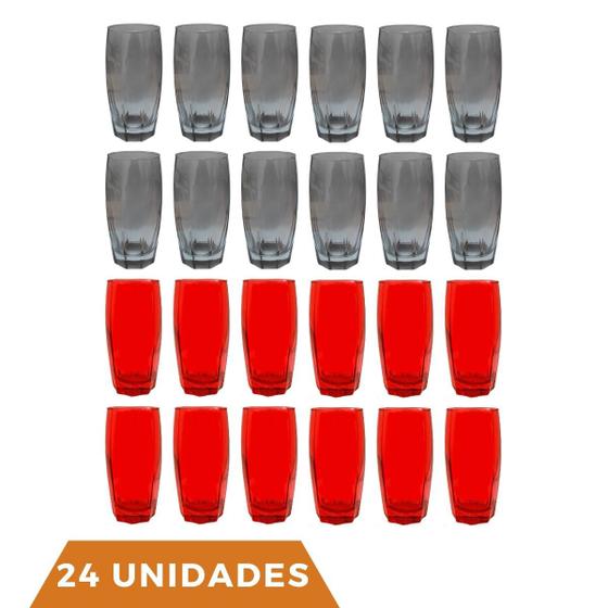 Imagem de Kit Copos de Vidro 370ml 12 Vermelho / 12 Cinza Florida