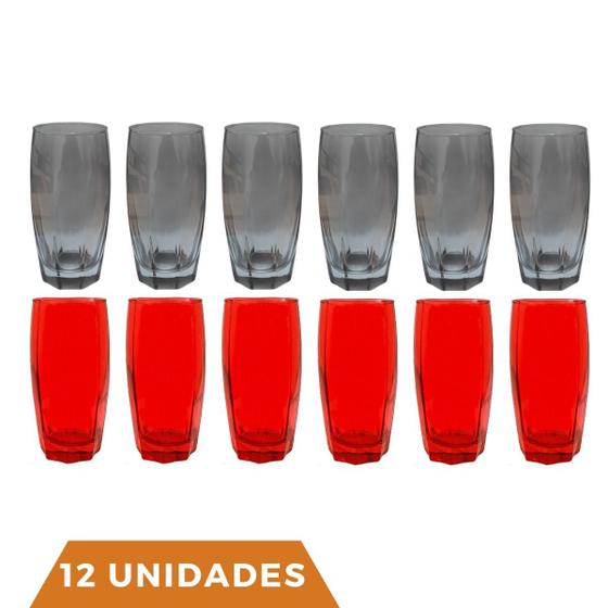 Imagem de Kit Copos de Vidro 370ml 6 Vermelho / 6 Cinza Florida