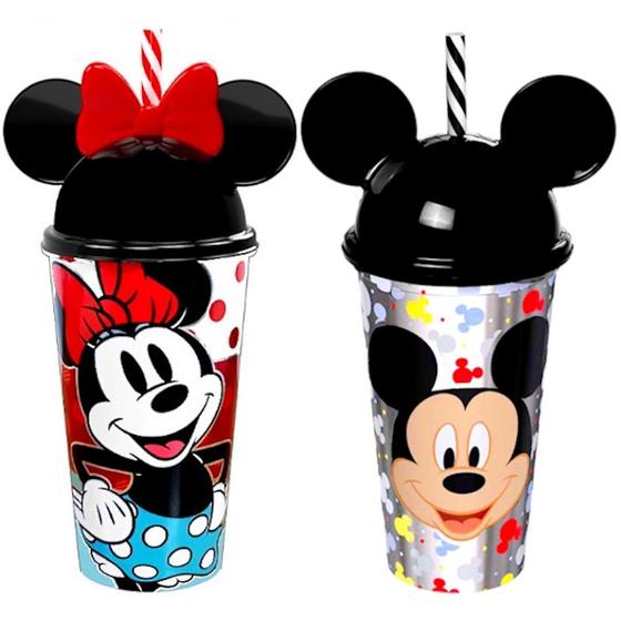 Imagem de Kit Copos Shake do Mickey e Minnie Mouse com Orelhas Tampa e Canudo 500ML