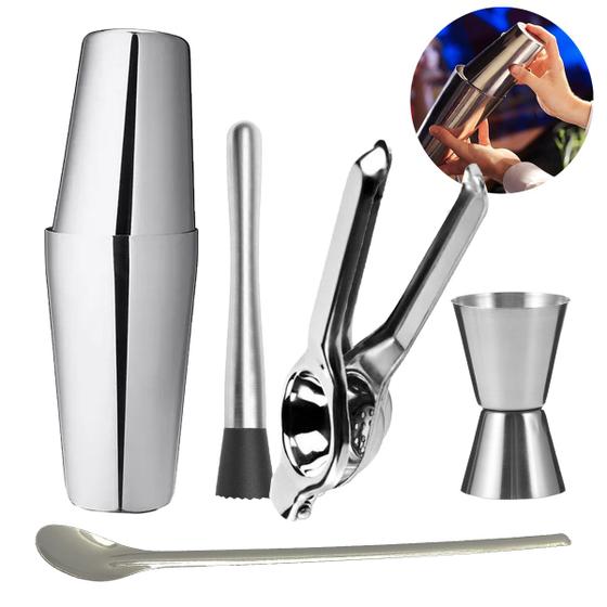 Kit Coqueteleira Boston Espremedor Socador Colher Bailarina Socador Caipirinha Barman Inox 5 Peças Menor preço em Kit Coqueteleira Boston Espremedor Socador Colher Bailarina Socador Caipirinha Barman Inox 5 Peças