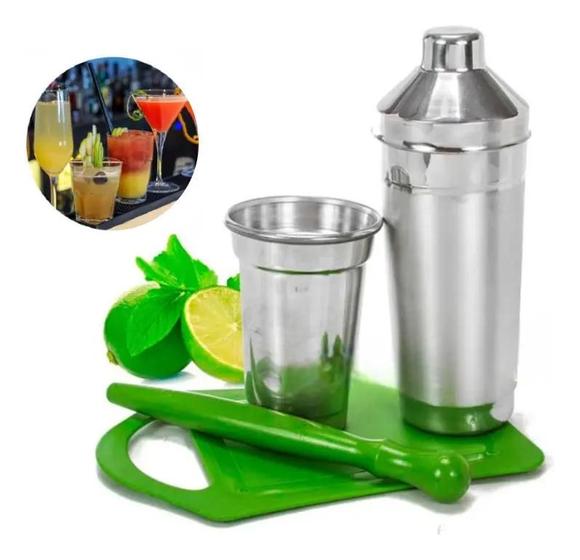 Kit Coqueteleira Caipirinha + Socador + Tabua + Copo Dosador