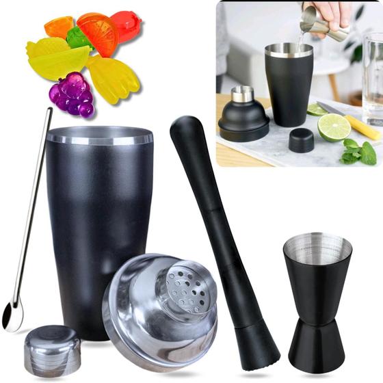 Kit Coqueteleira Premium Black Inox Bar Drinks Caipirinha Luxo