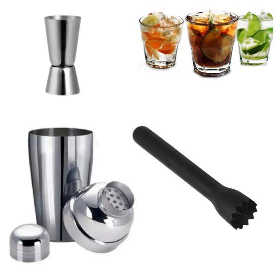 Imagem de Kit Coqueteleira Socador Dosador Inox 500ml Drinks Caipirinha Barman Coquetéis