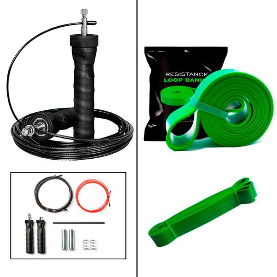 Imagem de Kit Corda De Pular Profissional com Rolamento Cross Training Emborrachada + Elástico Super Band Verde Resistência Muito Alta