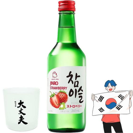 Imagem de Kit Coreano Soju Morango Jinro 360ml + Copo Soju 