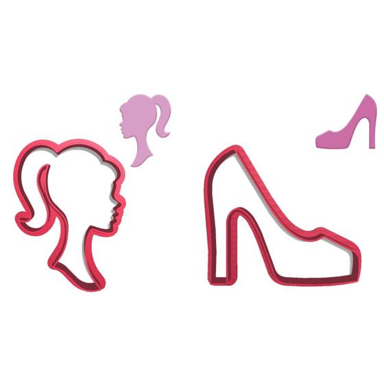 Imagem de Kit Cortador Doce Impresso Barbie Silhueta Cabeça Busto e Sapato Salto Alto Fashion