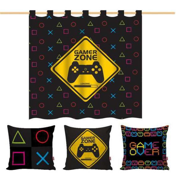 Kit Cortina Apartamento 3 Capas Almofadas Video Game Jogo Menor preço em Kit Cortina Apartamento 3 Capas Almofadas Video Game Jogo