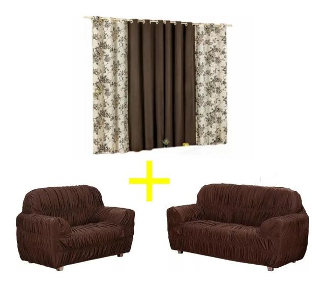 Imagem de Kit Cortina Floral Estampada 2 Metros + Capa De Sofá 3x2 Elasticada