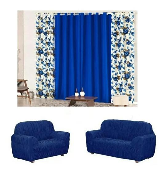 Imagem de Kit Cortina Floratta Estampada 2 Metros + Capa De Sofá 3x2 Elasticada