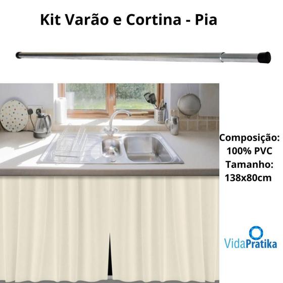 Imagem de KIT cortina PIA + Varão em aluminio 90cm até 140cm - bege