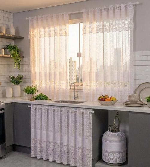 Kit Cortinas de Cozinha Renda Cortina Janela 1,20x2,20m - Cort Pia 0,80x1,50m + Capa de Botijão Decoração Tulipa Branca