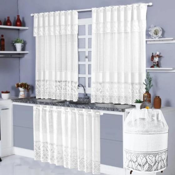 Imagem de Kit Cortinas de Cozinha Renda Cortina Janela 1,20x2,20m - Cort Pia 0,80x1,50m + Capa de Botijão Decoração Tulipa Branca