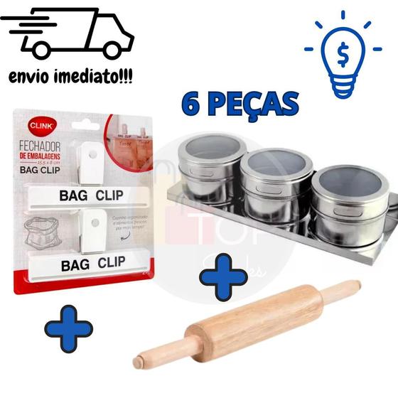 Imagem de Kit Cozinha 01 Porta Condimentos Magnéticos Inox Com 3 +  Rolo de Massa e 2 Clips Prendedores Para Fechar