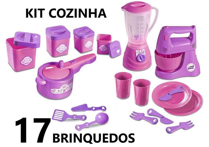 Imagem de Kit Cozinha 17 Brinquedos Potes de Mantimentos , Liquidificador, Batedeira, Panela Pressão, Pratos, Copos e talheres