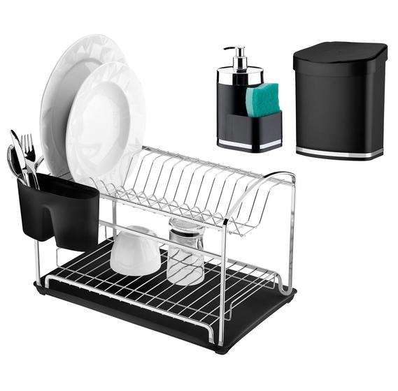 Imagem de Kit Cozinha 3 Peças Escorredor Louça Duplo Bandeja Lixeira 2,5L Dispenser Detergente Preto Cromado - Future