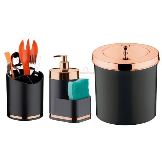 Imagem de Kit Cozinha 3 Peças Lixeira 5L Dispenser Porta Detergente Esponja Escorredor Talheres  Preto Rose Gold - Future