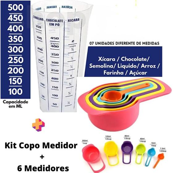 Imagem de Kit Cozinha 6 Medidores Xícara Colher + 1 Copo Dosador 500ml
