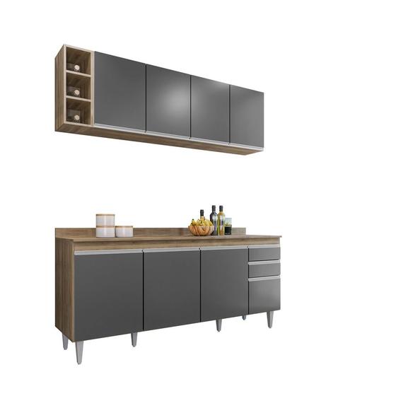 Imagem de Kit Cozinha Balcão Ágatha e Aéreo com Nicho 180cm C/ Tampo Freijó com Grafite - Belliv Decor