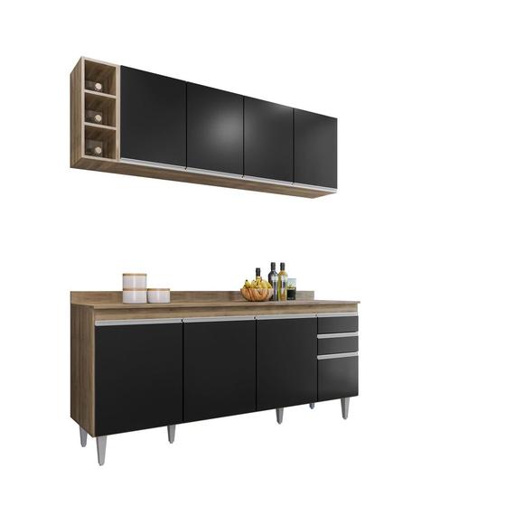 Imagem de Kit Cozinha Balcão Ágatha e Aéreo com Nicho 180cm C/ Tampo Freijó com Preto - Belliv Decor