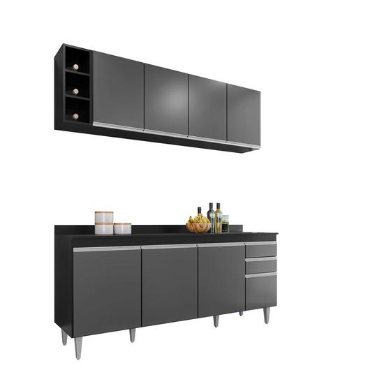 Imagem de Kit Cozinha Balcão Ágatha e Aéreo com Nicho 180cm C/ Tampo Preto com Grafite - Belliv Decor