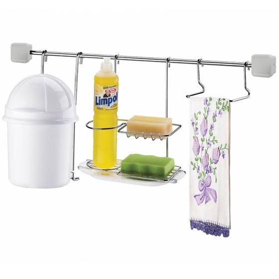 Imagem de Kit Cozinha Barra com Lixeira Porta Toalha Suporte Detergente Sabão Esponja