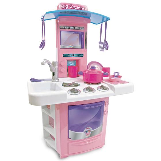 Imagem de Kit Cozinha Brinquedo Com Fogão Rosa E Torneira Que Sai Água C/ Acessórios Big cozinha - BigStar