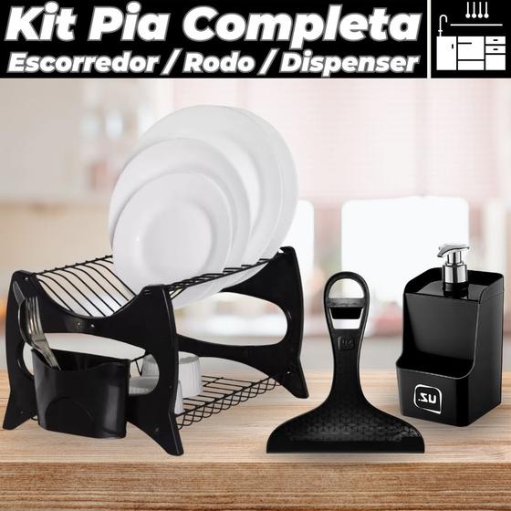 Imagem de Kit Cozinha Completa Escorredor De Louça + Porta Detergente + Rodinho de Pia