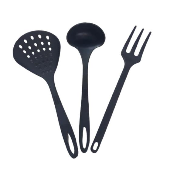 Imagem de Kit Cozinha Concha, Garfo e Escumadeira 28cm Nylon Preta