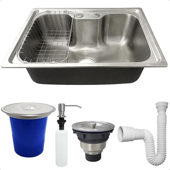 Imagem de Kit Cozinha Cuba Gourmet Inox 304 60x42 Com Lixeira De Embutir 5 Litros Porta Detergente 350ml Valvula E Sifão Flexivel Universal Kit Pia 5 Peças